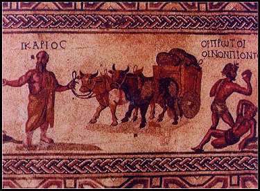 MOSAIC FLOOR DEPICTING IKARIANS AS FIRST WINE DRINKERS